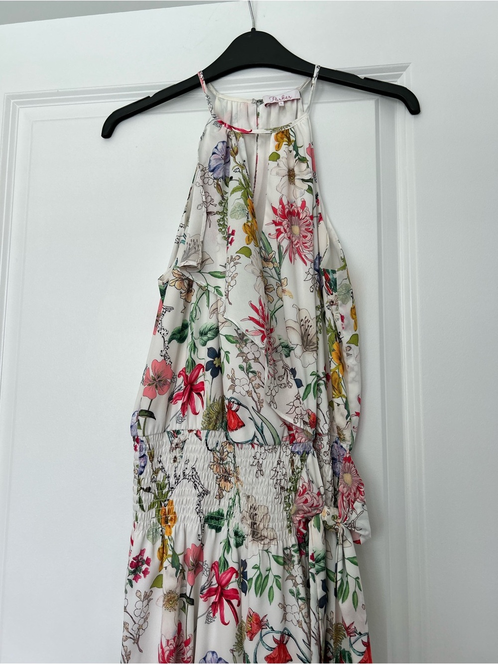 Parker White Floral Halter Mini Dress with Multicolor Blooms